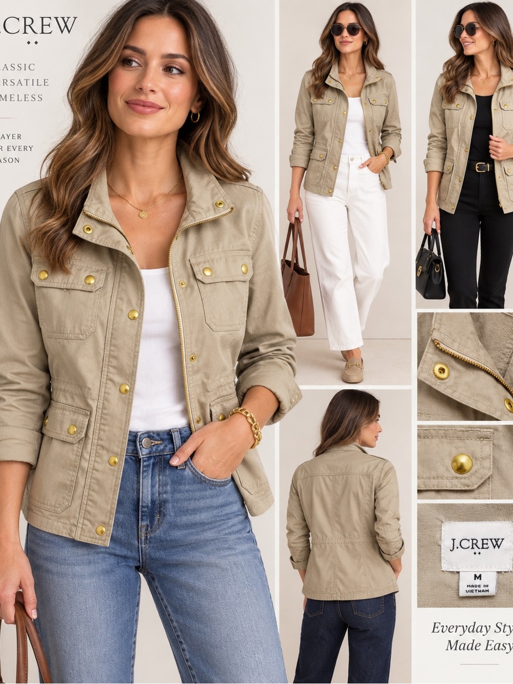 J.Crew Khaki Utility Field Jacket Gold Hardware M
